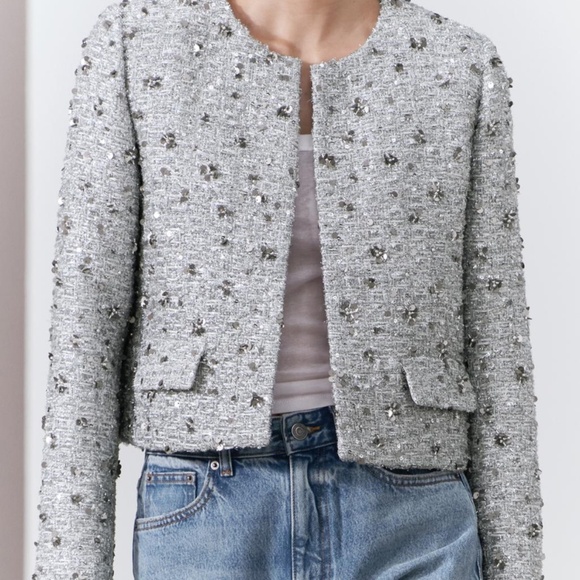 Zara Jackets & Blazers - NEW SILVER METALLIC TWEED BLAZER XS  WITH SEQUINS (LOOKS LIKE ZARA)